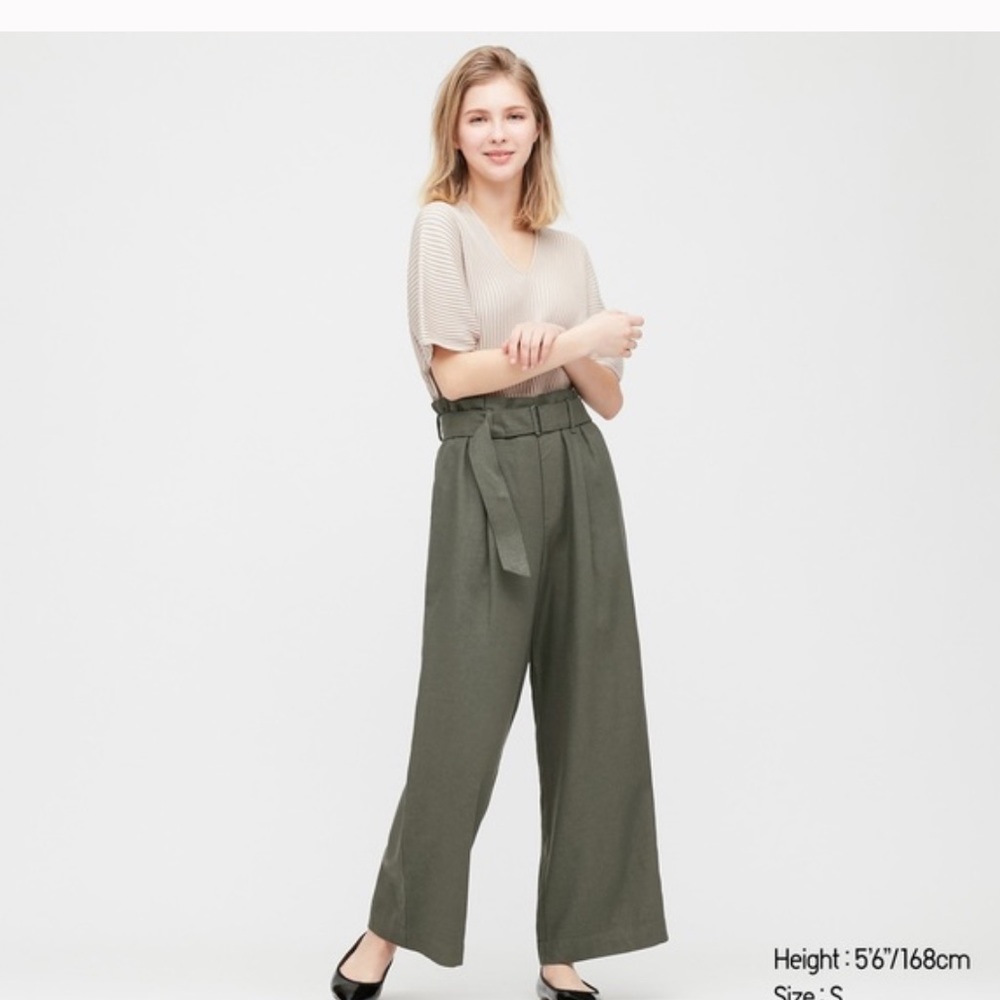 Uniqlo women belted linen rayon wide pants